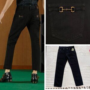 GUCCI JEANS PANTS Tapered CARGO MONOGRAM GG LOGO Horsebit Black Mens Size 42